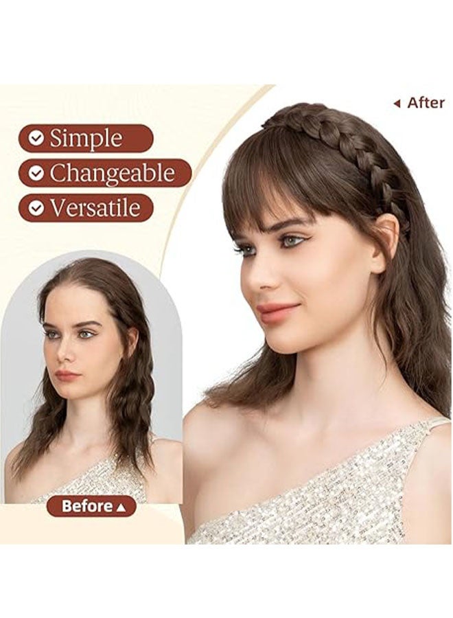 Happy D Braided headband with bangs, handcrafted woven synthetic tassel hairpiece, anti-slip comb hairpiece for sparse tops and receding hairlines, 2 pieces in dark brown and light brown - Image 2