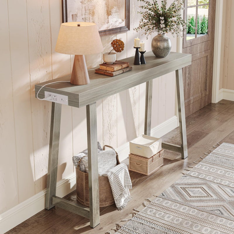 Huuger Entryway Console Table with Charging Station, USB-C Port, 47.2 Inch Sofa Table with Metal Legs, Entry Hallway Table with Thicker Desktop, Modern Behind Couch Table, Grey - Image 1