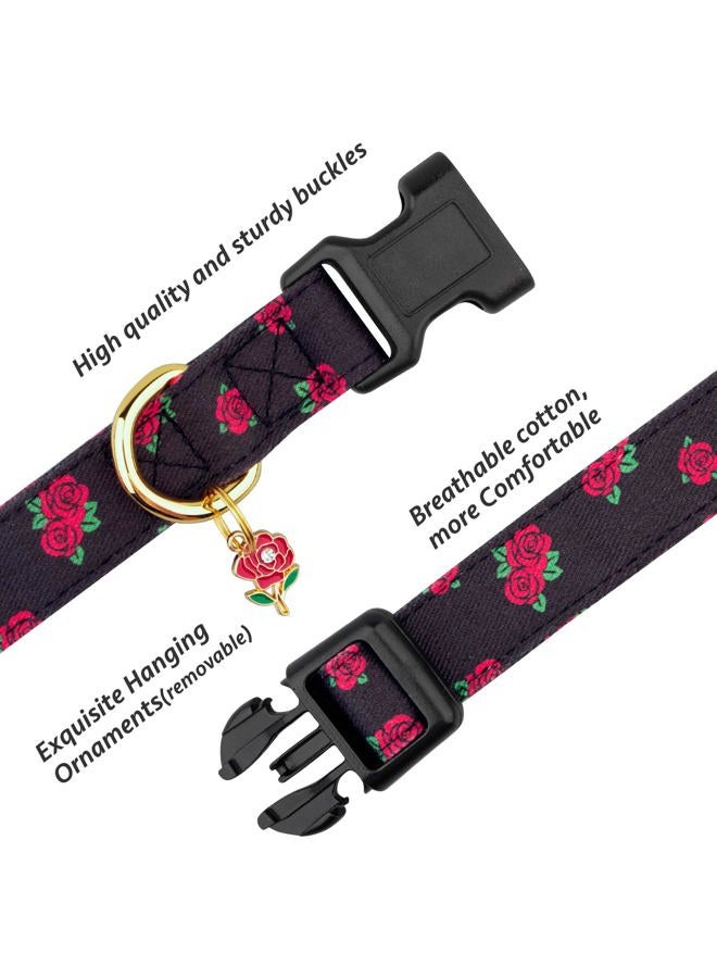 FYEQYAOU Cotton Handmade Dog Collar Cute and Distinctive Patterns Black Rose with Pendant Cute Dog Collars for Small Medium Large Dogs Girl Dogs Boy Dogs M - Image 2