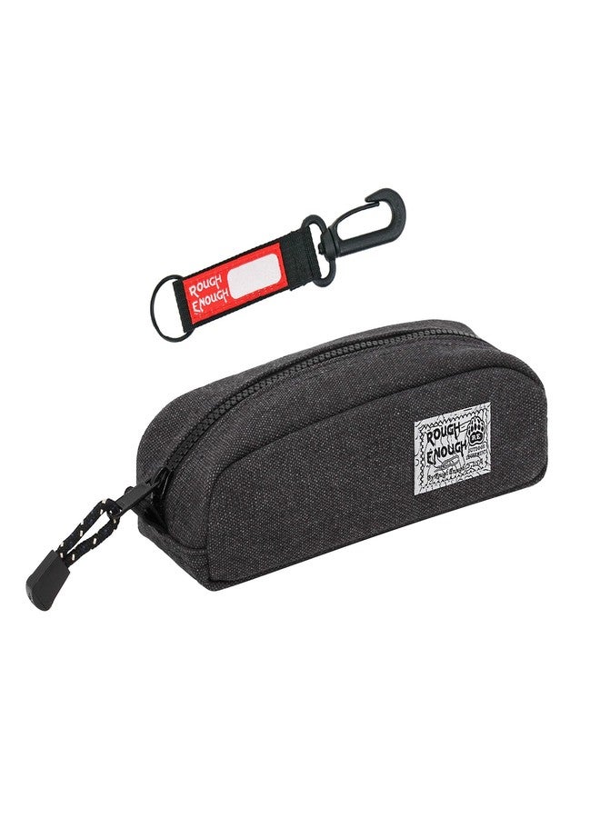 RE ROUGH ENOUGH Rough Enough Small Canvas Pencil Case Pen Pouch Back to School Supplies for Student Girls Boys Adults Office Classroom with Detachable Keychian Black - Image 1