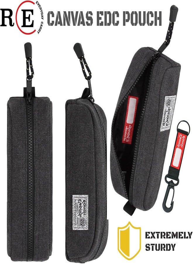 RE ROUGH ENOUGH Rough Enough Small Canvas Pencil Case Pen Pouch Back to School Supplies for Student Girls Boys Adults Office Classroom with Detachable Keychian Black - Image 5