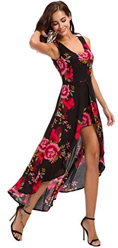 Kormei Womens Sleeveless Scoop Neck Floral Rayon Party Split Maxi Romper Dress XL Black&Red - Image 2