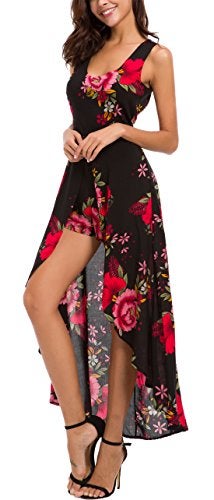 Kormei Womens Sleeveless Scoop Neck Floral Rayon Party Split Maxi Romper Dress XL Black&Red - Image 4