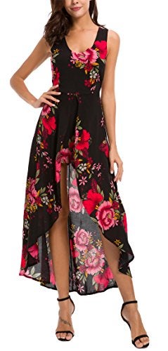 Kormei Womens Sleeveless Scoop Neck Floral Rayon Party Split Maxi Romper Dress XL Black&Red - Image 3