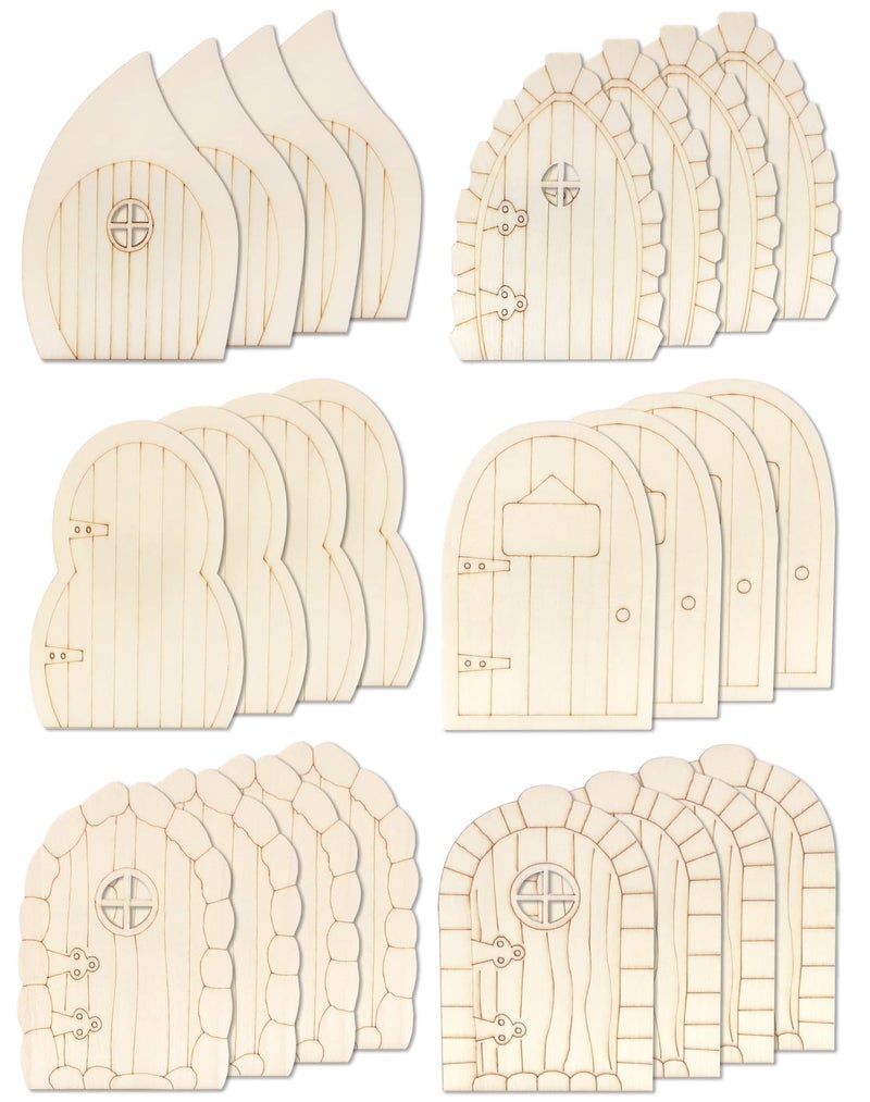 Cinvo 24 Pcs Wooden Fairy Doors Kit - Unfinished Miniature DIY Craft Doors with 6 Styles, Natural Wood Elf Door Blanks for Fairy Garden Decor, Christmas Crafts, Mini House Accessories - Image 1