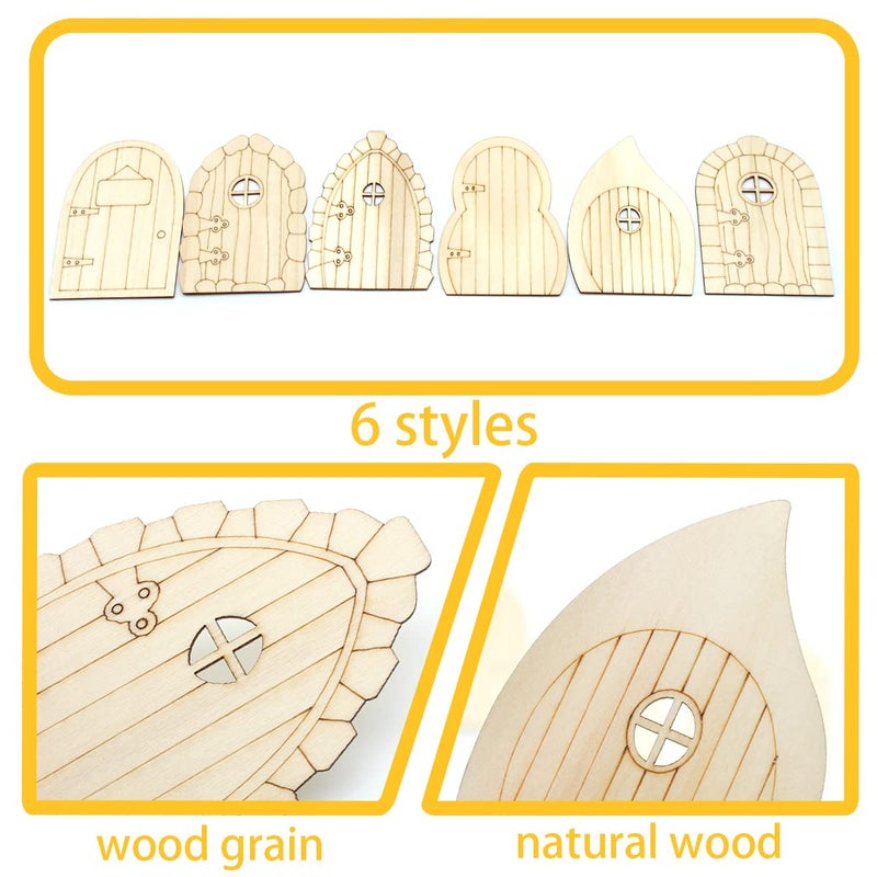 Cinvo 24 Pcs Wooden Fairy Doors Kit - Unfinished Miniature DIY Craft Doors with 6 Styles, Natural Wood Elf Door Blanks for Fairy Garden Decor, Christmas Crafts, Mini House Accessories - Image 3