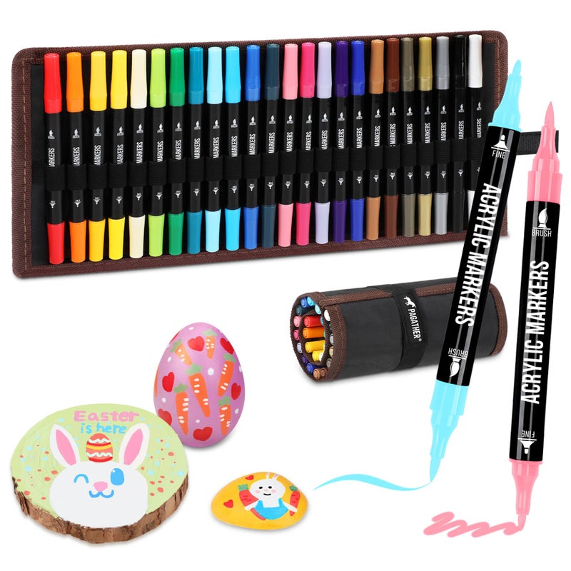 Pagather 24 Colors Acrylic Paint Markers, Dual Tip with Fine Tip and Brush Tip Pens for Stone, Wood, Calligraphy, Canvas, Ceramic, Metal, Glass, Rock Painting, DIY Crafts Art Supplies Kit - Image 1