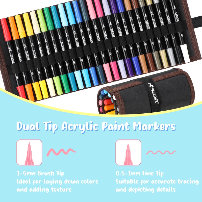 Pagather 24 Colors Acrylic Paint Markers, Dual Tip with Fine Tip and Brush Tip Pens for Stone, Wood, Calligraphy, Canvas, Ceramic, Metal, Glass, Rock Painting, DIY Crafts Art Supplies Kit - Image 2
