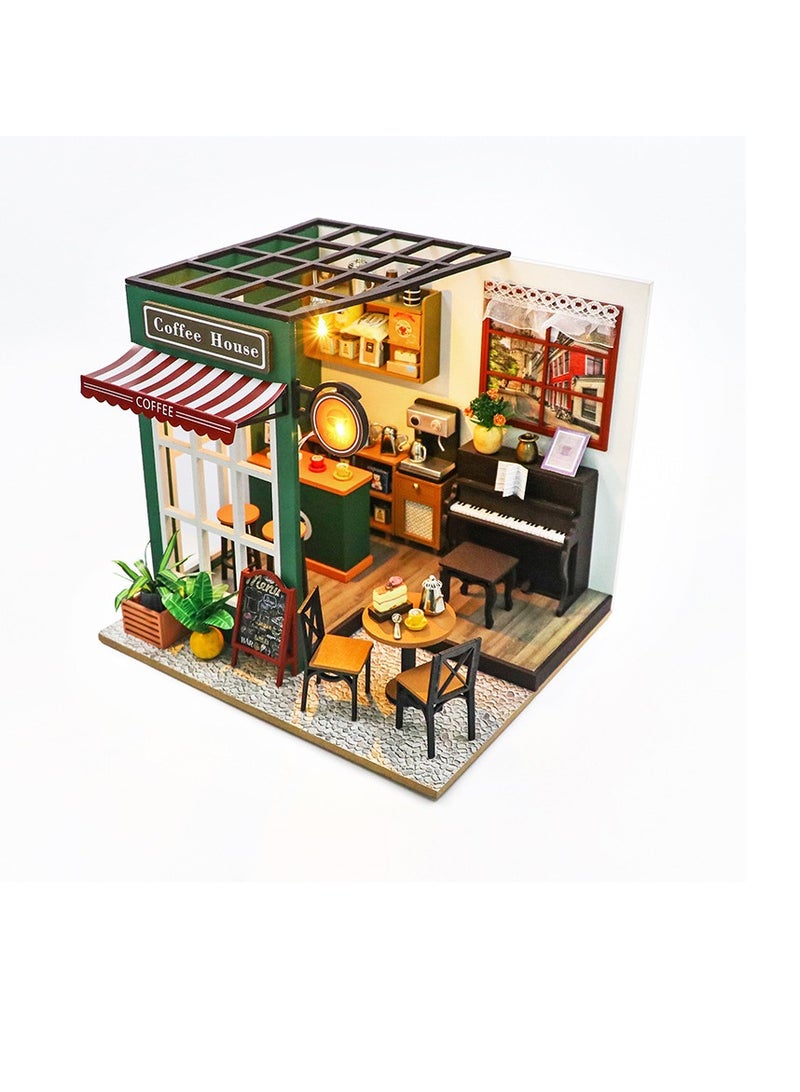 DIY miniature dollhouse kit, mini house making kit with furniture and lights, small house kit for adults, birthday, hobby handmade gifts between holidays, coffee house - Image 1