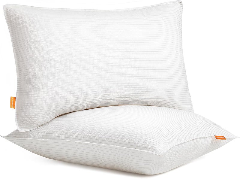 SONGMICS HOME Bed Pillows Queen Size Set of 2, Down Alternative Hotel Pillow, Skin Friendly Viscose Cooling Seersucker Cover, for Back, Stomach, Side Sleepers,White - Image 1