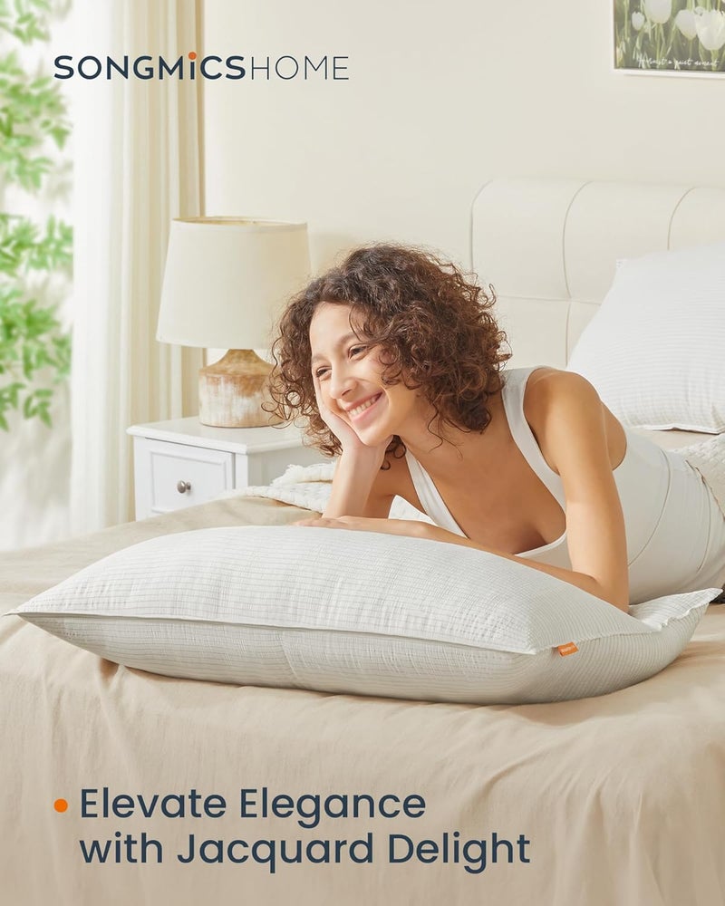 SONGMICS HOME Bed Pillows Queen Size Set of 2, Down Alternative Hotel Pillow, Skin Friendly Viscose Cooling Seersucker Cover, for Back, Stomach, Side Sleepers,White - Image 2