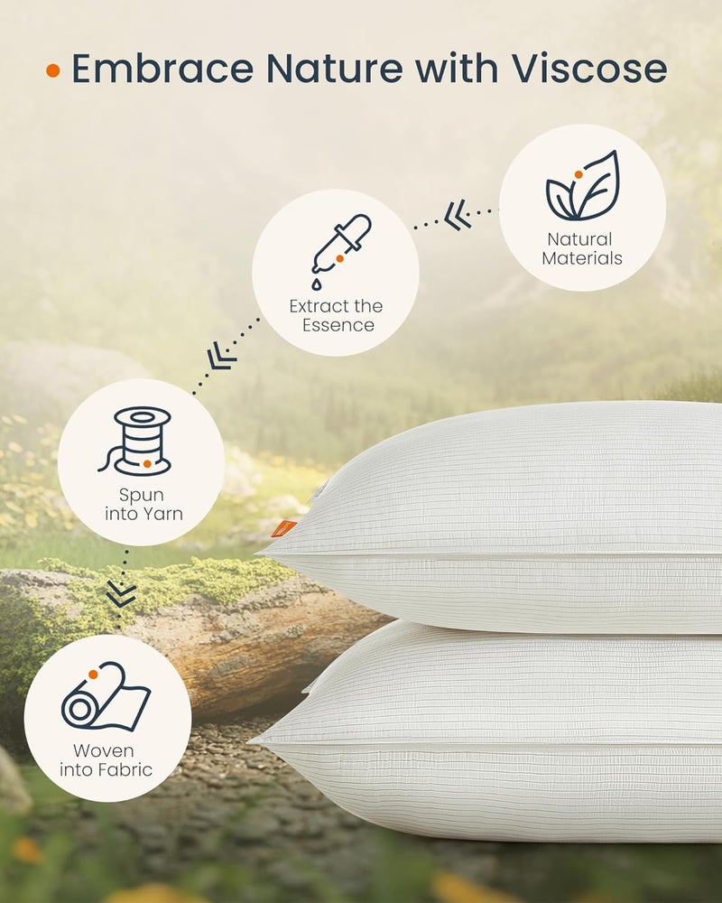 SONGMICS HOME Bed Pillows Queen Size Set of 2, Down Alternative Hotel Pillow, Skin Friendly Viscose Cooling Seersucker Cover, for Back, Stomach, Side Sleepers,White - Image 3