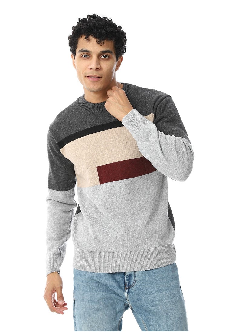 Andora Crew Neck Knitted Pullover _ Grey, Beige & Black  - Image 1