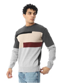 Andora Crew Neck Knitted Pullover _ Grey, Beige & Black  - Image 2