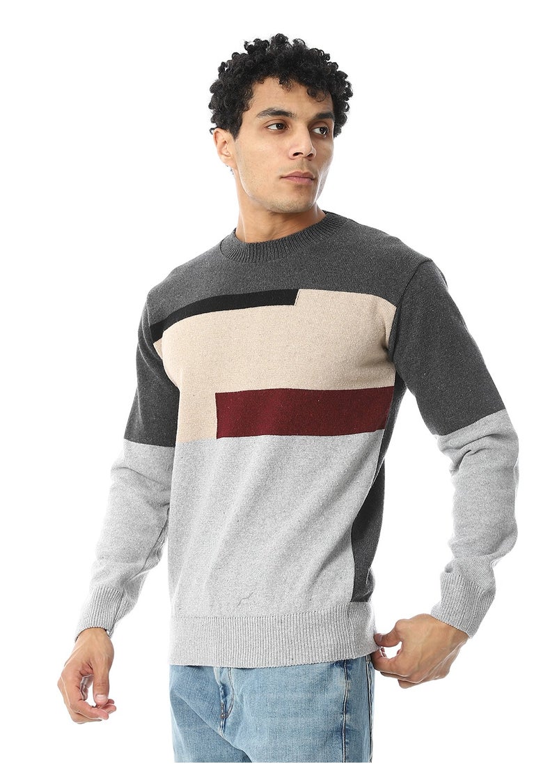 Andora Crew Neck Knitted Pullover _ Grey, Beige & Black  - Image 2
