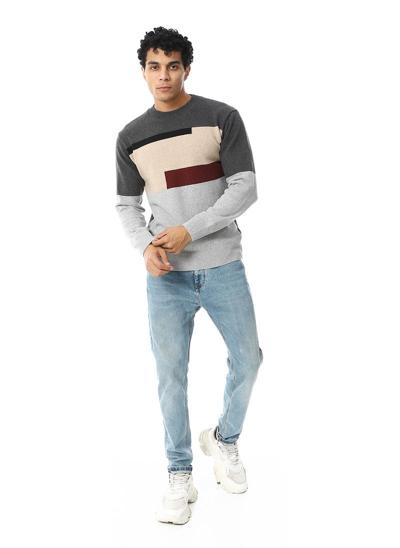 Crew Neck Knitted Pullover _ Grey, Beige & Black - pzsku/ZC3F9617860D63A13C456Z/45/_/1735218654/86167ec9-1594-4d0e-a669-4604b08ce877