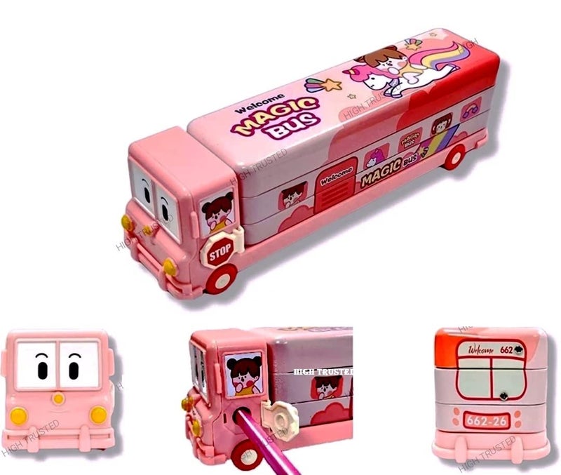 HIGH TRUSTED® 2 in 1 Cartoon Printed School Bus Shaped Pencil Compass Box and Toy for Kids with Wheels and Sharpener Metal (Pink) - Image 2
