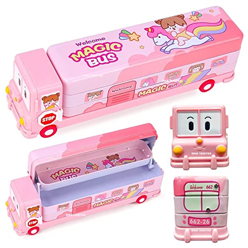 HIGH TRUSTED® 2 in 1 Cartoon Printed School Bus Shaped Pencil Compass Box and Toy for Kids with Wheels and Sharpener Metal (Pink) - Image 3
