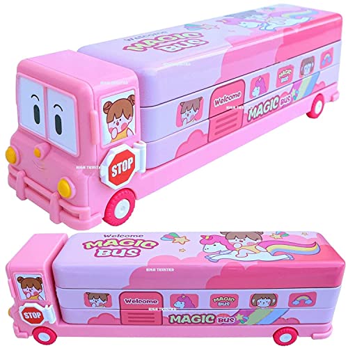 HIGH TRUSTED® 2 in 1 Cartoon Printed School Bus Shaped Pencil Compass Box and Toy for Kids with Wheels and Sharpener Metal (Pink) - Image 1