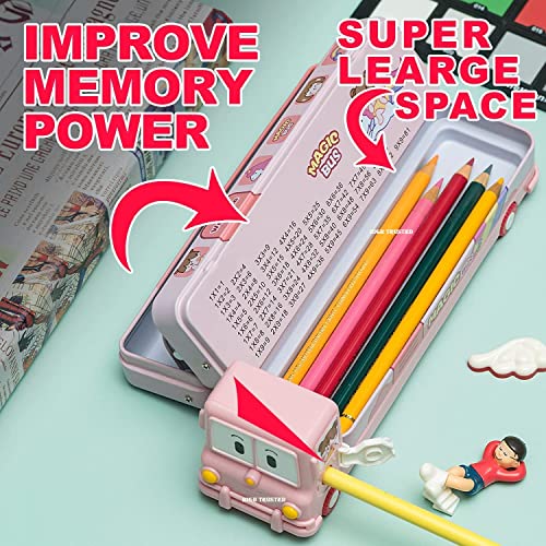 HIGH TRUSTED® 2 in 1 Cartoon Printed School Bus Shaped Pencil Compass Box and Toy for Kids with Wheels and Sharpener Metal (Pink) - Image 4