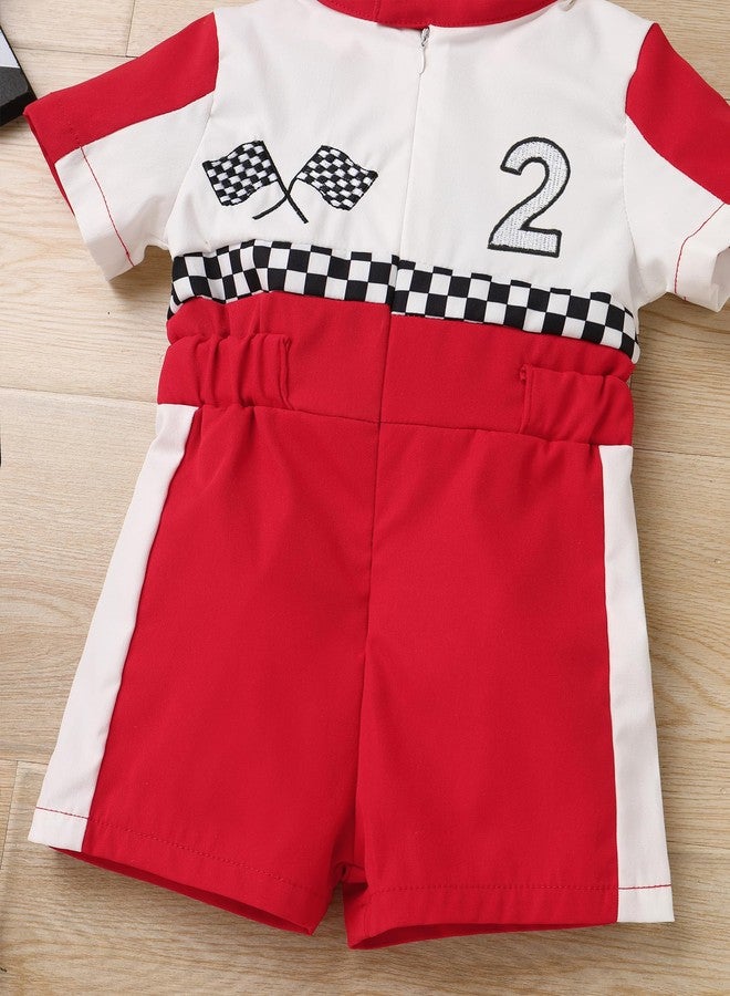 OBEEII Baby Boys 2nd Birthday Outfit Toddler Race Car Driver Romper Two Year Old Kids First Birthday Cake Smash Photoshoot Jumpsuit Party One Piece Clothes Checkered Racer Outfit Red-2Y 18-24 Months - Image 5