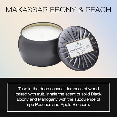 Voluspa Makassar Ebony & Peach, Mini Tin Candle, 4 oz, 25 Hour Burn Time, Coconut Wax for Clean Burning, Handcrafted in The USA - Image 2