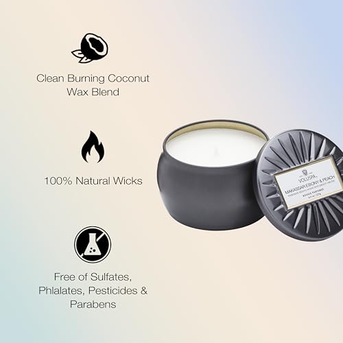 Voluspa Makassar Ebony & Peach, Mini Tin Candle, 4 oz, 25 Hour Burn Time, Coconut Wax for Clean Burning, Handcrafted in The USA - Image 4
