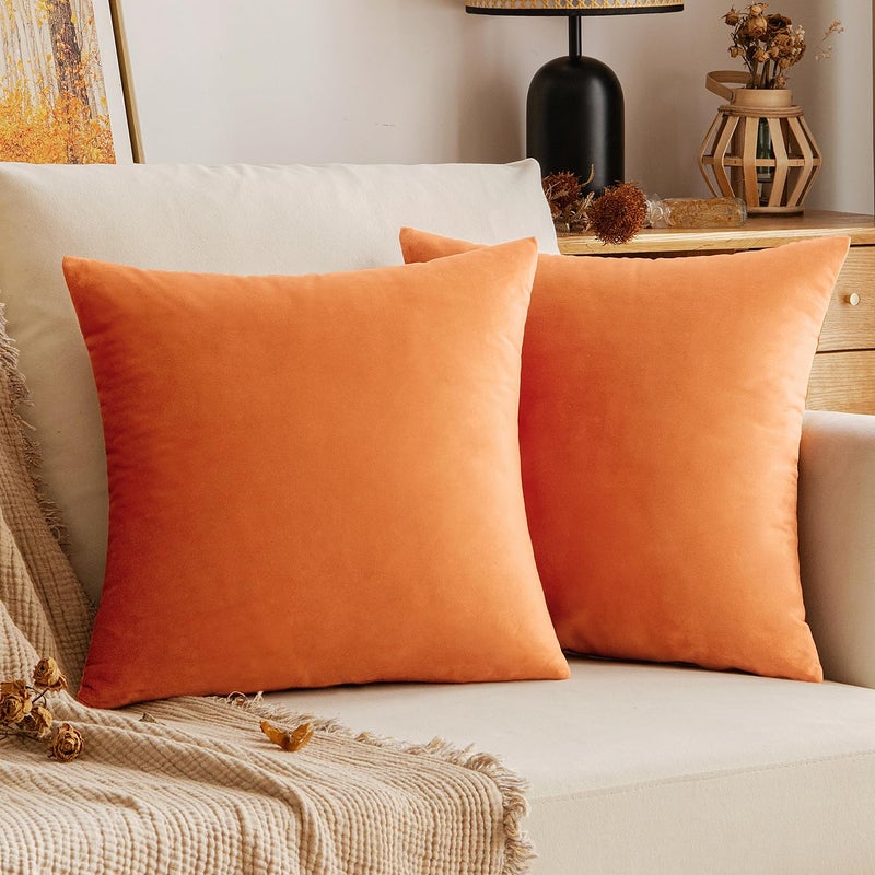 EMEMA Fall Orange Velvet Throw Pillow Covers 18x18 Inch Set of 2 Decorative Square Pillowcase Soft Solid Cushion Case for Couch Sofa Bed Bedroom Livingroom - Image 1