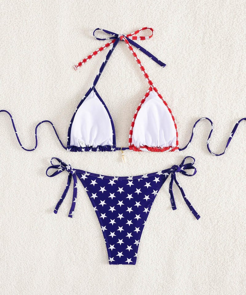 Tainehs Women's Sexy Halter Bikini Set Triangle Top String Swimwear Two Piece Swimsuits Cheeky Bathing Suit American Flag - Image 5