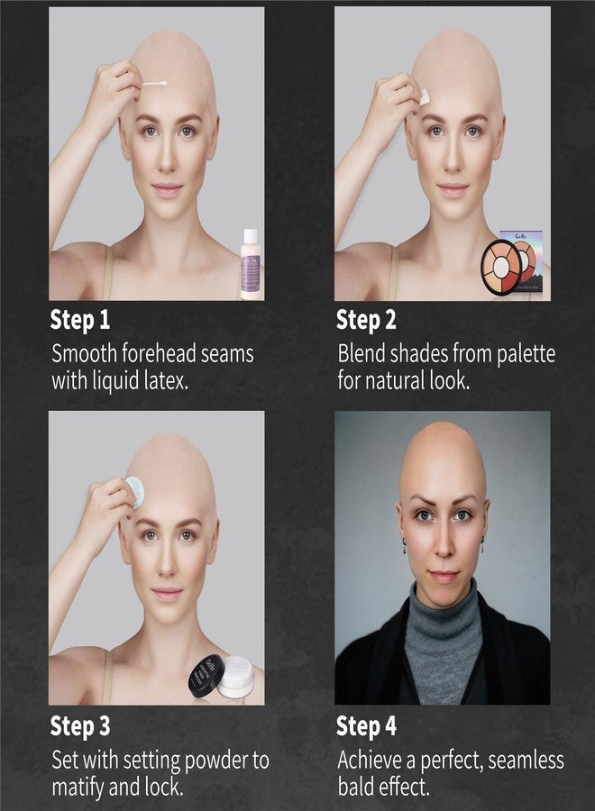 Go Ho Halloween Professional Bald Cap SFX Kit - Complete 8-Piece Makeup Set with Latex (30ml),Water Based Acrylic Adhesive(10ml),6 Colors Flesh Palette,Loose Setting Powder,Bald Cap&Applicators - Image 4