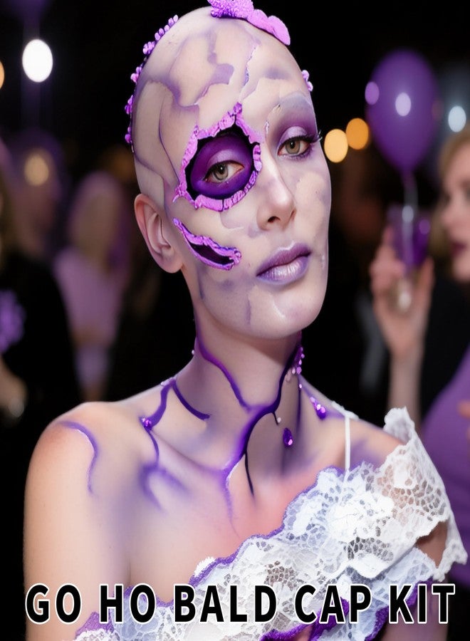 Go Ho Halloween Professional Bald Cap SFX Kit - Complete 8-Piece Makeup Set with Latex (30ml),Water Based Acrylic Adhesive(10ml),6 Colors Flesh Palette,Loose Setting Powder,Bald Cap&Applicators - Image 5