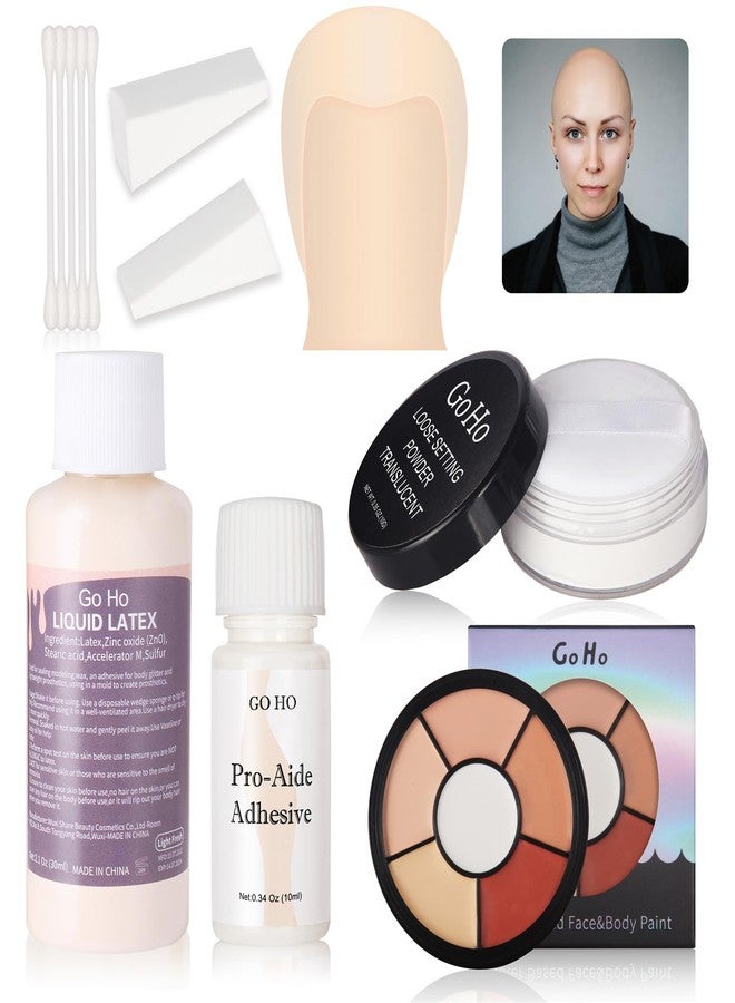 Go Ho Halloween Professional Bald Cap SFX Kit - Complete 8-Piece Makeup Set with Latex (30ml),Water Based Acrylic Adhesive(10ml),6 Colors Flesh Palette,Loose Setting Powder,Bald Cap&Applicators - Image 1