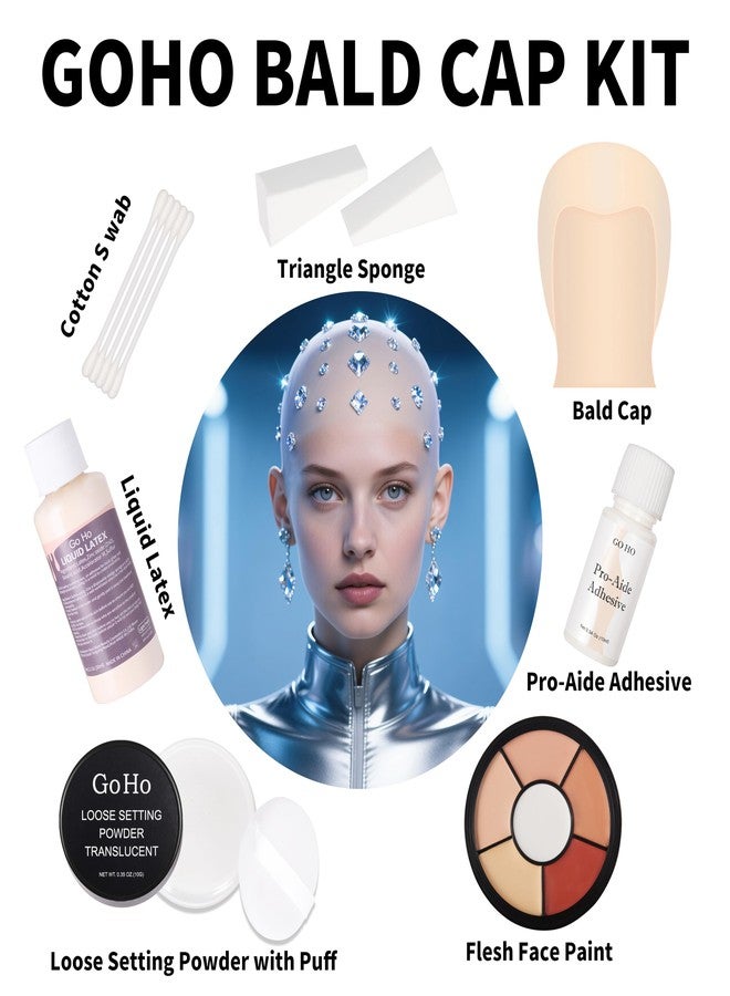 Go Ho Halloween Professional Bald Cap SFX Kit - Complete 8-Piece Makeup Set with Latex (30ml),Water Based Acrylic Adhesive(10ml),6 Colors Flesh Palette,Loose Setting Powder,Bald Cap&Applicators - Image 2