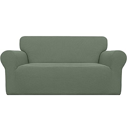 Easy-Going EasyGoing Stretch Loveseat Slipcover 1Piece Sofa Cover Furniture Protector Couch Soft with Elastic Bottom for Kids Polyester Spandex Jacquard Fabric Small Checks Loveseat Greyish Green - Image 1