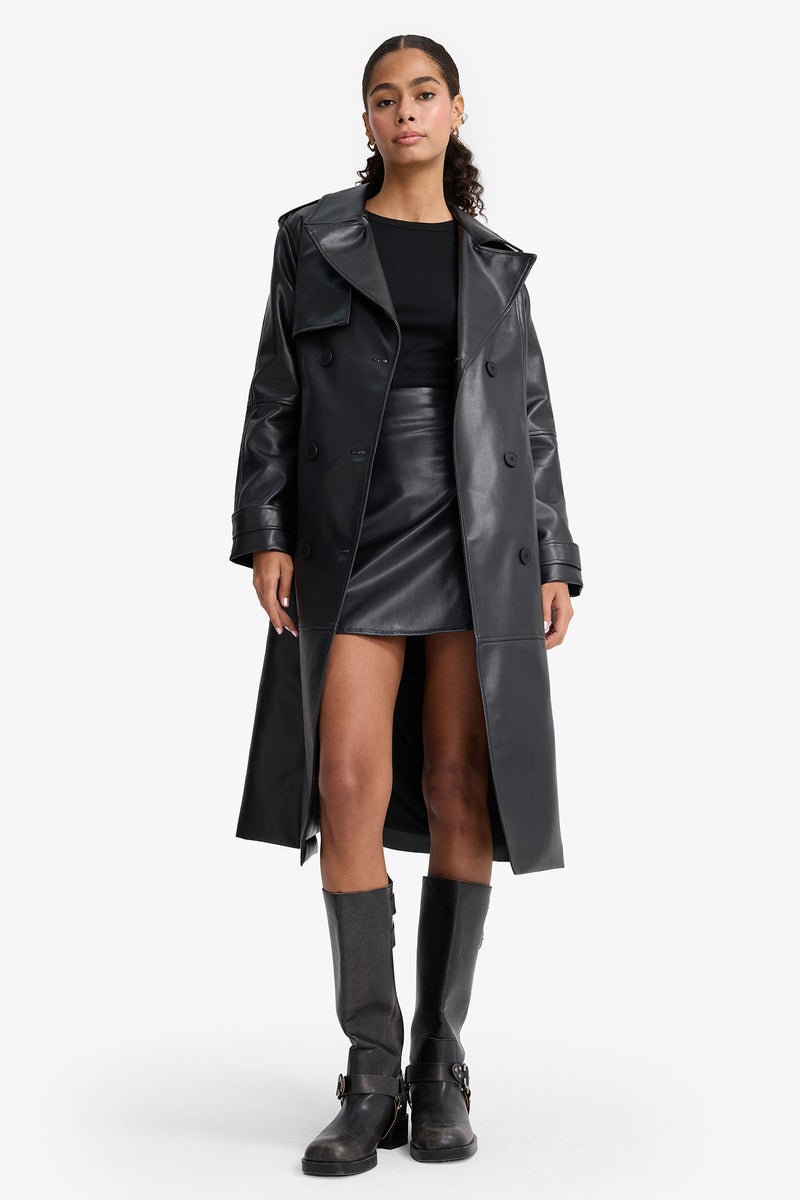 DeFacto Black Woman Regular Fit Faux Leather Trenchcoat Casual - Image 2