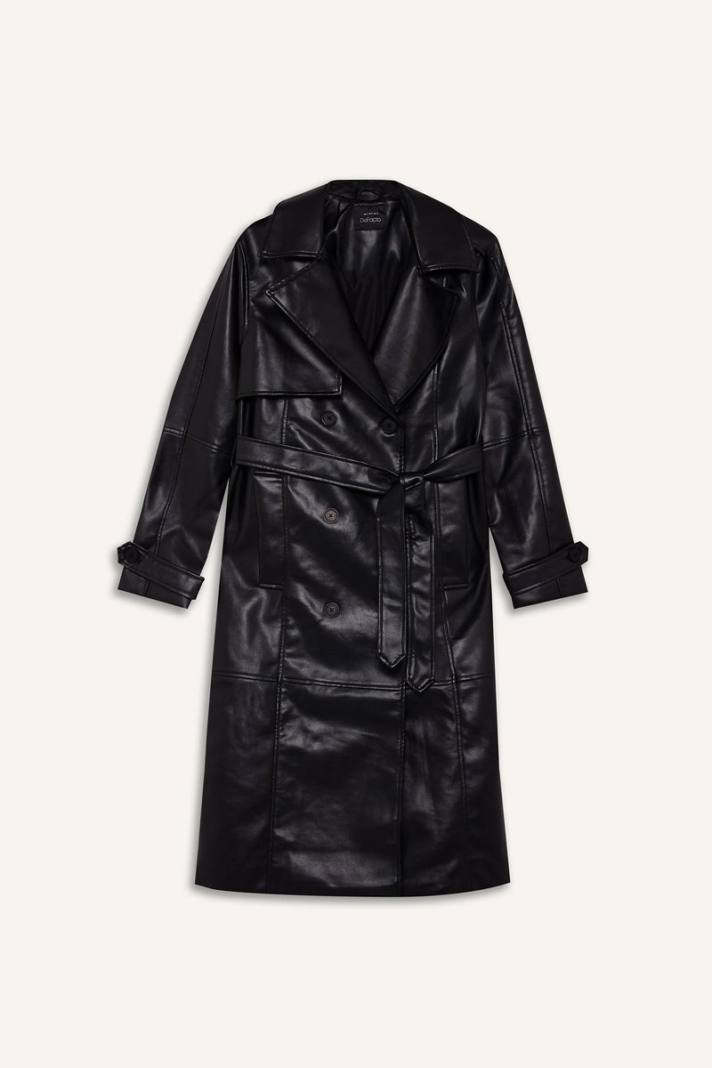 DeFacto Black Woman Regular Fit Faux Leather Trenchcoat Casual - Image 5