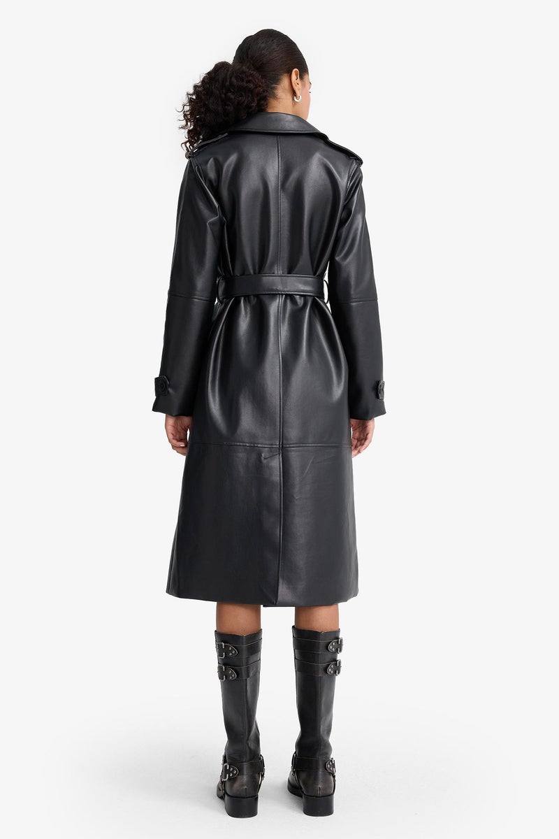 DeFacto Black Woman Regular Fit Faux Leather Trenchcoat Casual - Image 3