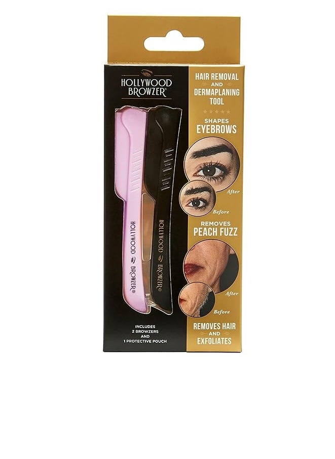 Hollywood Browzer - Passion Pink&Black Duo (includes 2 Browzers 1 PINK and 1 BlUE and a Protective Pouch) For Eyebrow Shaping, Removing Unwanted Hair and Dermaplaning/Exfoliation - Image 1
