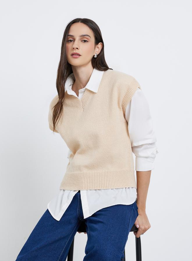 Styli Women Beige Boxy Fit Knit Vest - Image 1