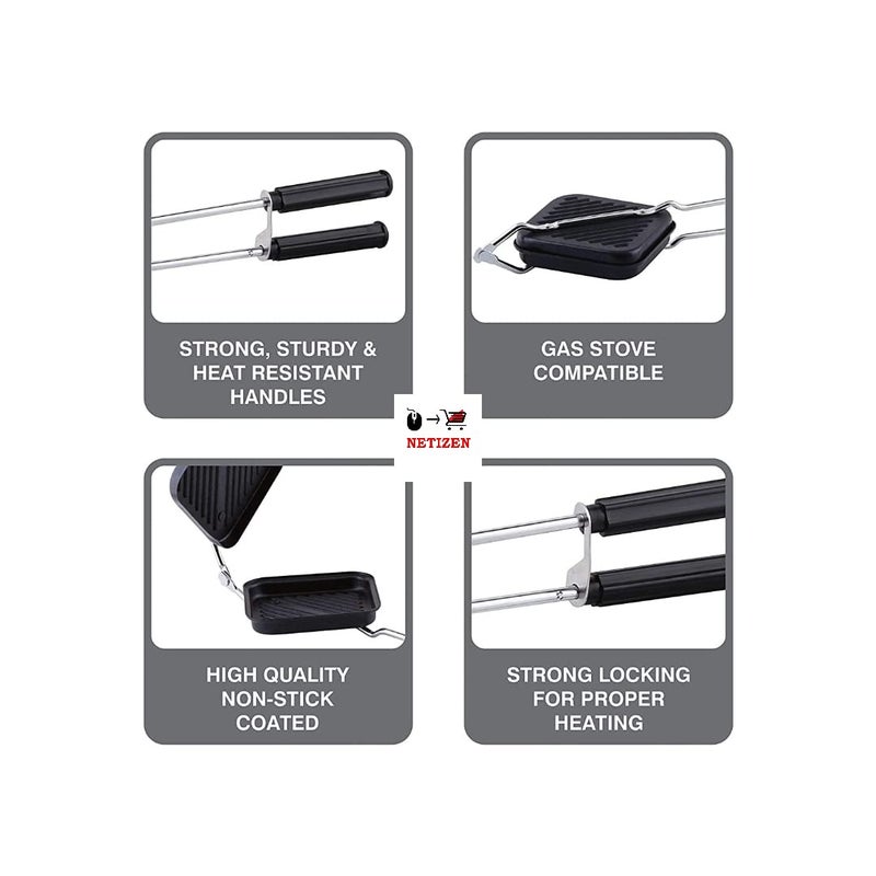 NETIZEN NonStick Non Electric Aluminium 2 Slice Grill Sandwich Bread Toaster Black Pack of 1 Grill Toaster - Image 5