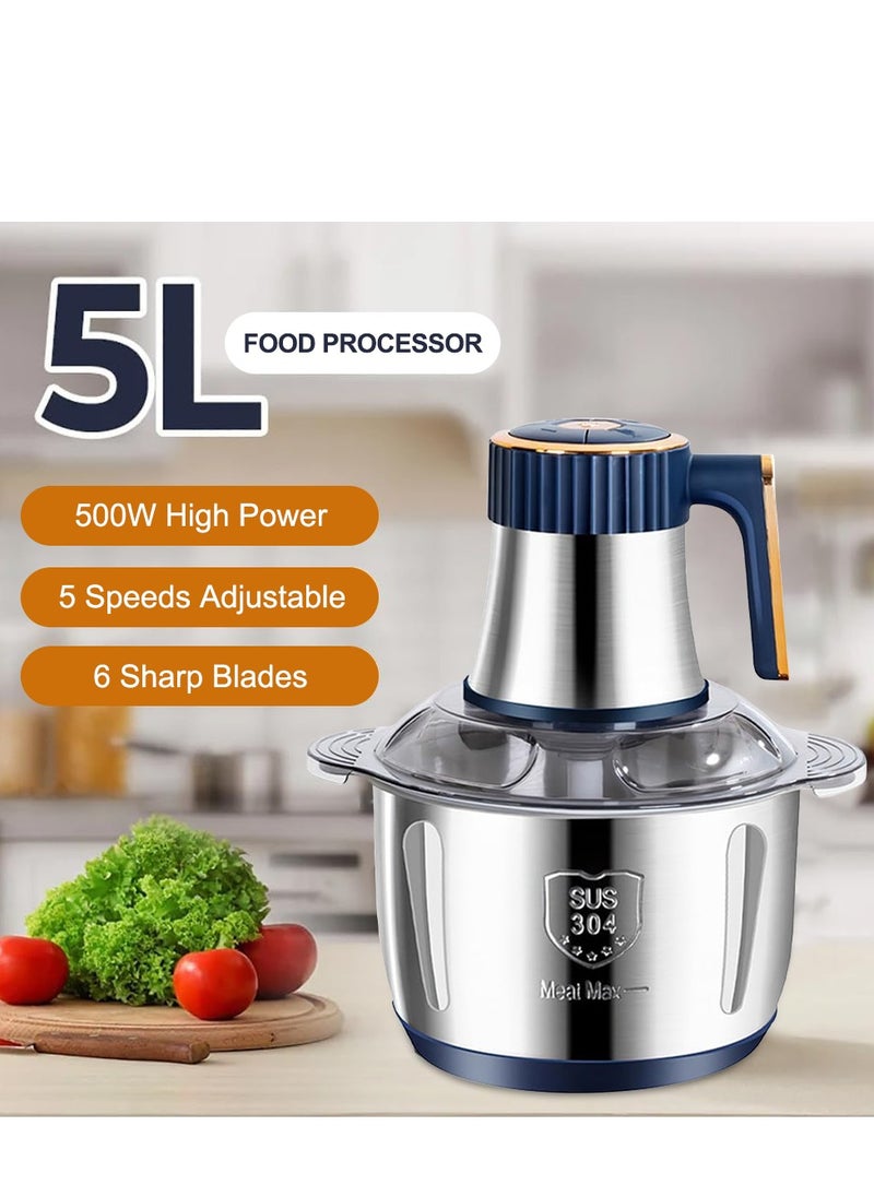 AMINAC - Food Processor, 5-Speed Food Chopper Meat Grinder with 5L Stainless Steel Bowl, 6 Bi-Level Blades for Chopping, Grinding, Mincing, Whisking, Meal Prep, 500w, Blue - Image 1
