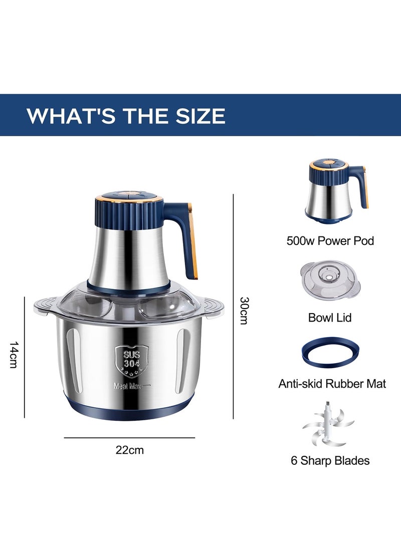 AMINAC - Food Processor, 5-Speed Food Chopper Meat Grinder with 5L Stainless Steel Bowl, 6 Bi-Level Blades for Chopping, Grinding, Mincing, Whisking, Meal Prep, 500w, Blue - Image 1