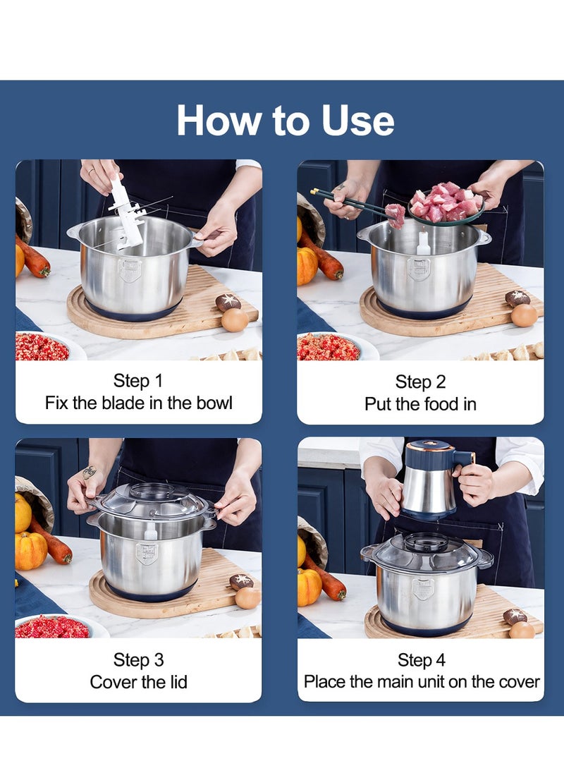 AMINAC - Food Processor, 5-Speed Food Chopper Meat Grinder with 5L Stainless Steel Bowl, 6 Bi-Level Blades for Chopping, Grinding, Mincing, Whisking, Meal Prep, 500w, Blue - Image 1