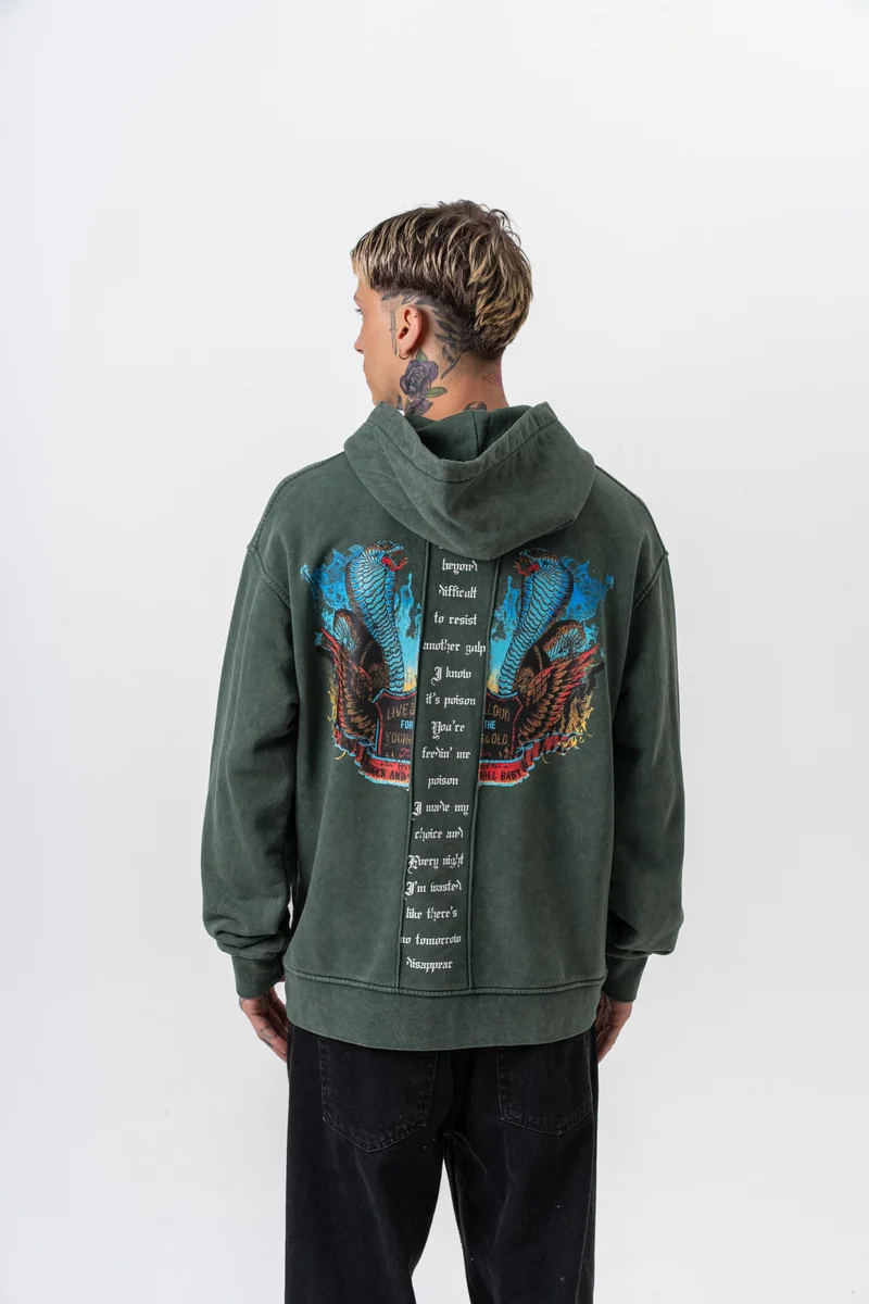 RESPIRE Men's Snake Printed Washed Hooded Oversize Hoodie Green