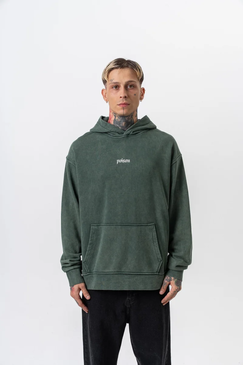 ريسباير هودي رجالي واسع (Oversize) بغطاء رأس مغسول ومطبوع بأفعى (Snake) لون أخضر