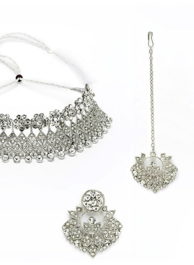 Sukkhi Universal Rhodium Plated Silver AD Stone Choker Necklace Set With Earring And Maangtika | Jewellery Set For Women (NS105486) - Image 2