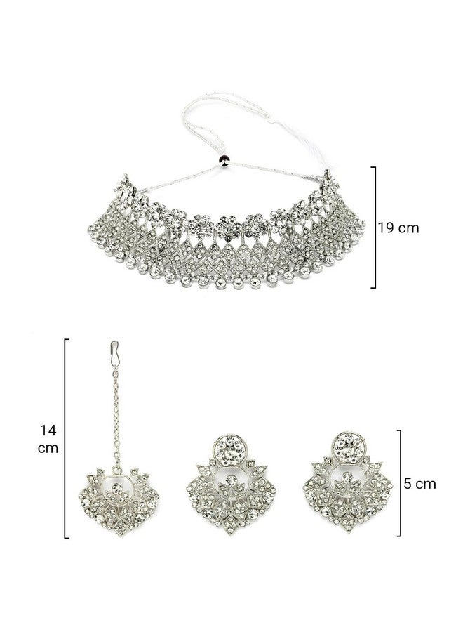 Sukkhi Universal Rhodium Plated Silver AD Stone Choker Necklace Set With Earring And Maangtika | Jewellery Set For Women (NS105486) - Image 4