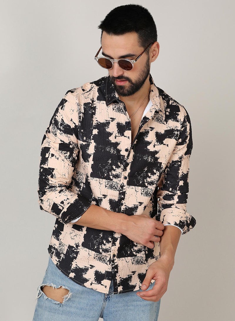 Campus Sutra Campus Sutra Men's Beige & Black Paint Strokes Shirt For Casual Wear | Spread Collar | Long Sleeve | Button Closure | Shirt Crafted With Comfort Fit For Everyday Wear  - Image 1