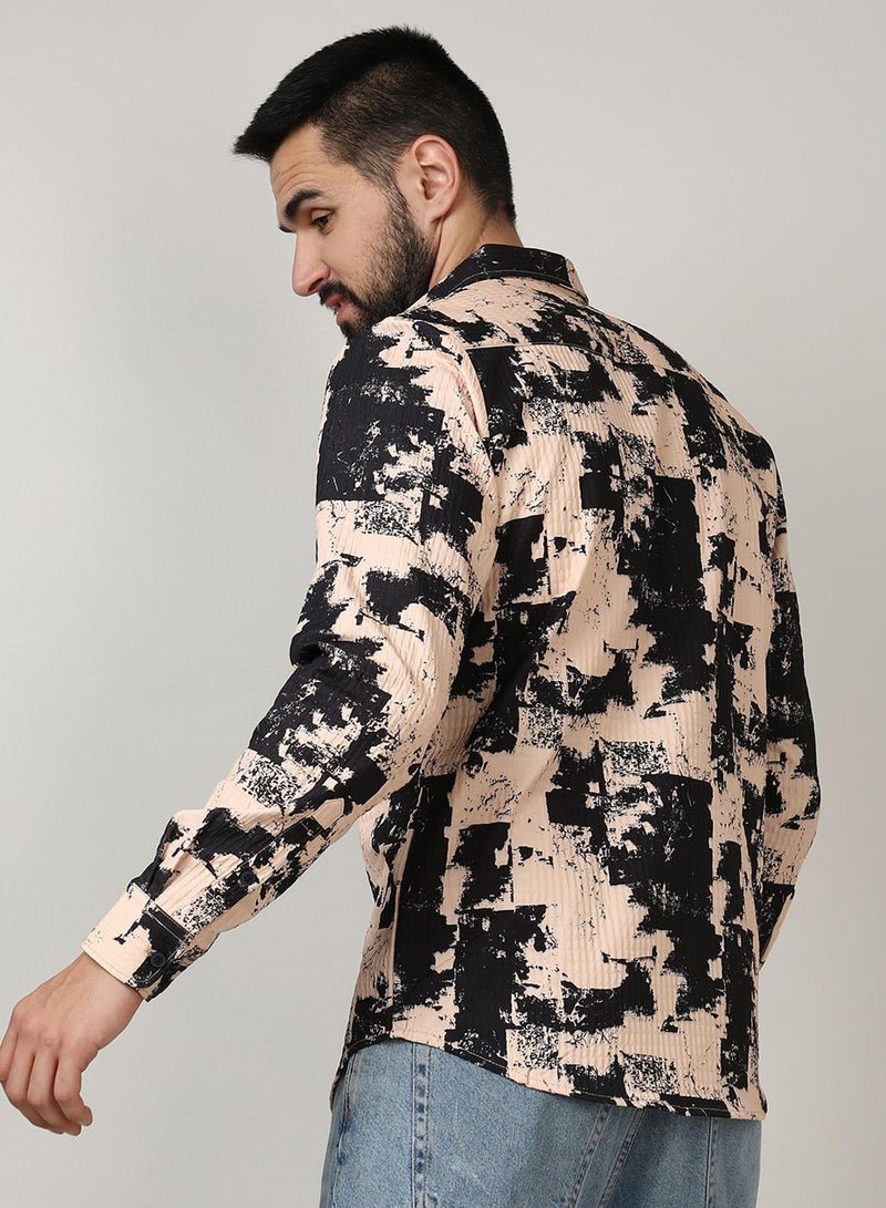 Campus Sutra Campus Sutra Men's Beige & Black Paint Strokes Shirt For Casual Wear | Spread Collar | Long Sleeve | Button Closure | Shirt Crafted With Comfort Fit For Everyday Wear  - Image 5