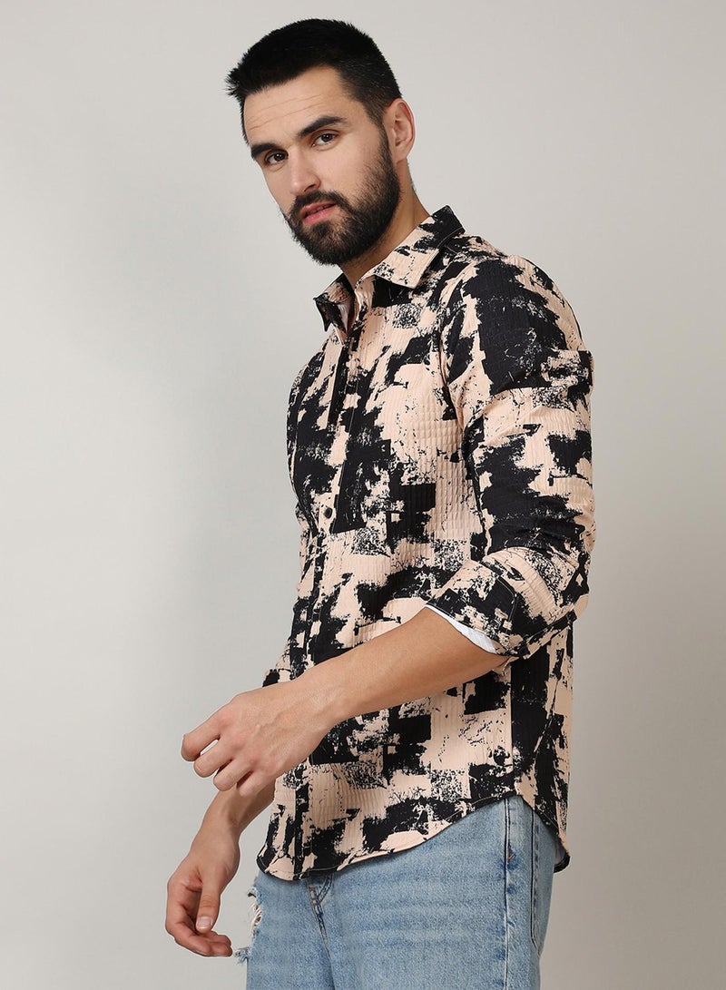Campus Sutra Campus Sutra Men's Beige & Black Paint Strokes Shirt For Casual Wear | Spread Collar | Long Sleeve | Button Closure | Shirt Crafted With Comfort Fit For Everyday Wear  - Image 3